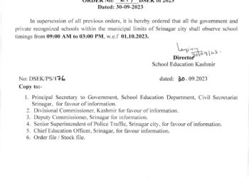 DSEK orders change in school timing in Srinagar city from Oct 1
