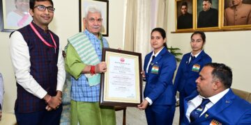 Lt Governor Presents Certificate of Excellence Award to Para Archers Ms Sheetal Devi, Sh Rakesh Kumar and Coach, Ms Abhilasha Choudhary