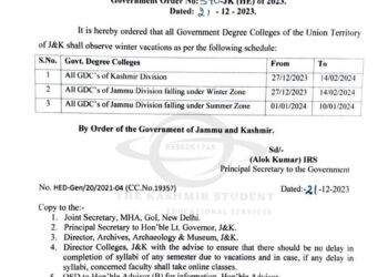 Govt announces winter vacations for Degree Colleges of Jammu and Kashmir in phased manner from Dec-27