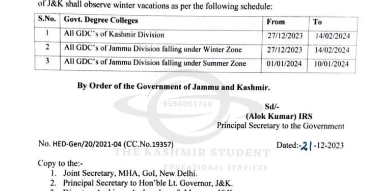 Govt announces winter vacations for Degree Colleges of Jammu and Kashmir in phased manner from Dec-27