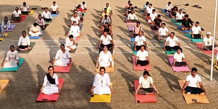 Rehearsal for 10th International Yoga Day held at Sports Stadium Samba