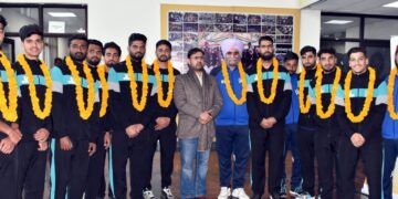 Satish Sharma felicitates J&K football team for qualifying into final round of Santosh Trophy