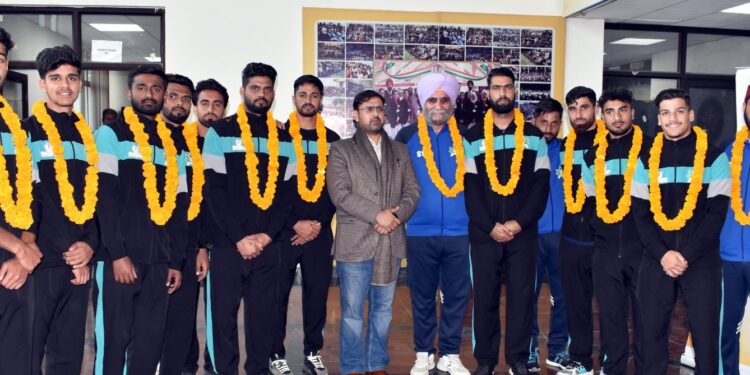 Satish Sharma felicitates J&K football team for qualifying into final round of Santosh Trophy