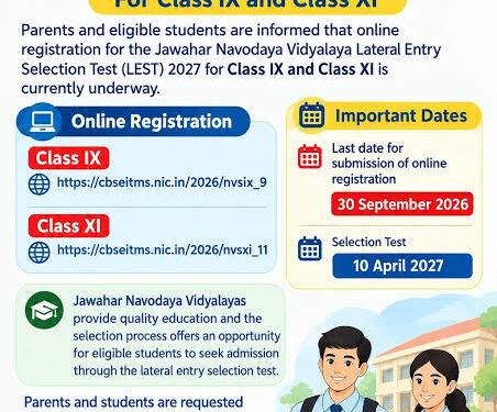 JNV Lateral Entry Selection Test 2027: Eligible students can apply by Sept 30, 2026